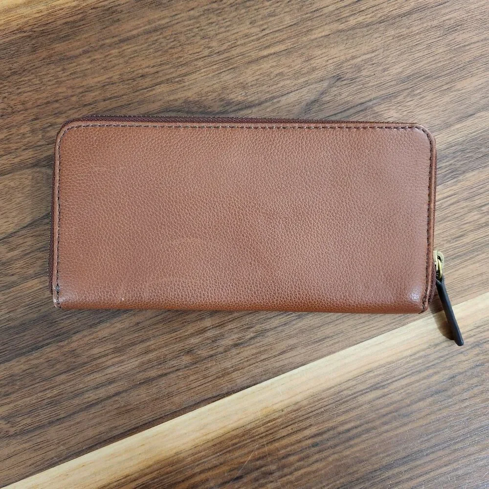 Fossil Tiegan Wallet Womens Brown Leather Zip Around Accordion Clutch Organizer